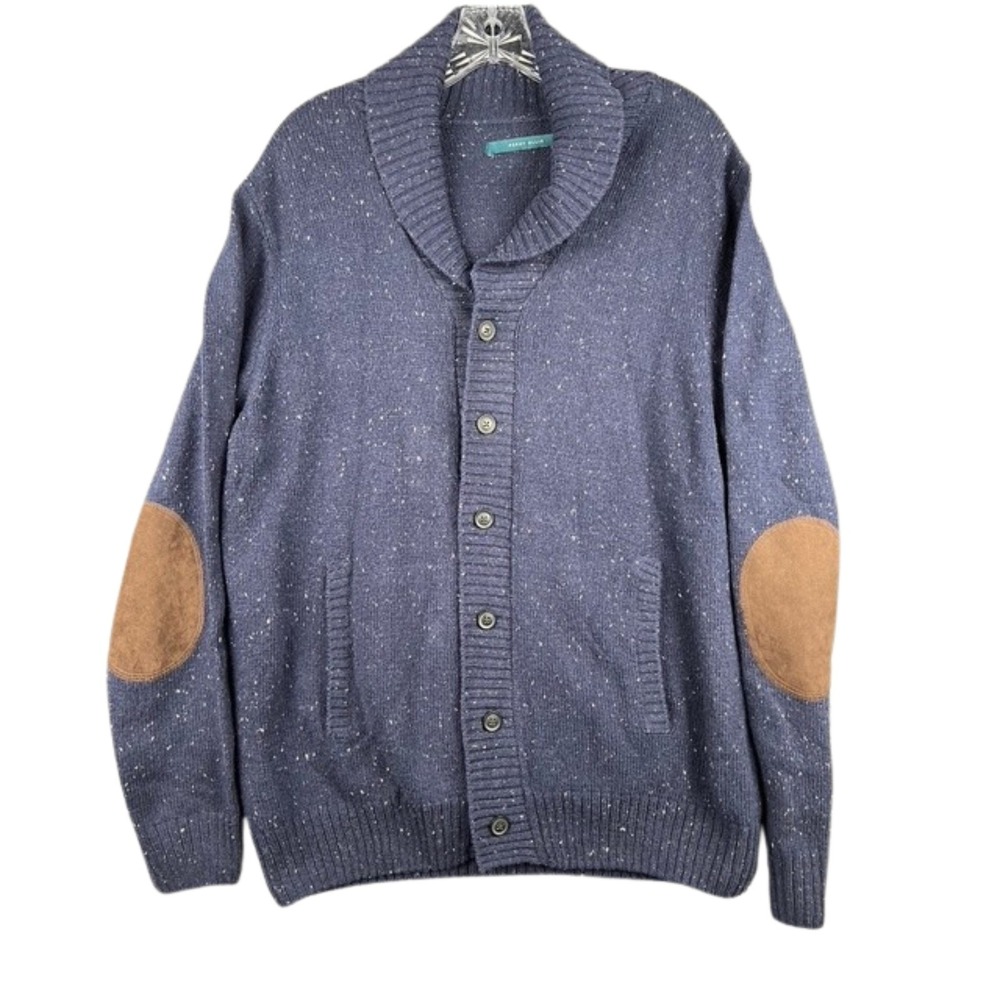 Perry Ellis Shawl Collar Cardigan Sweater Mens Large Blue Elbow Patch Button Up